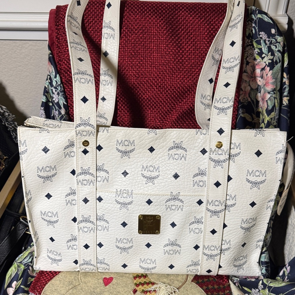 MCM Ivory and Black Logo Tote